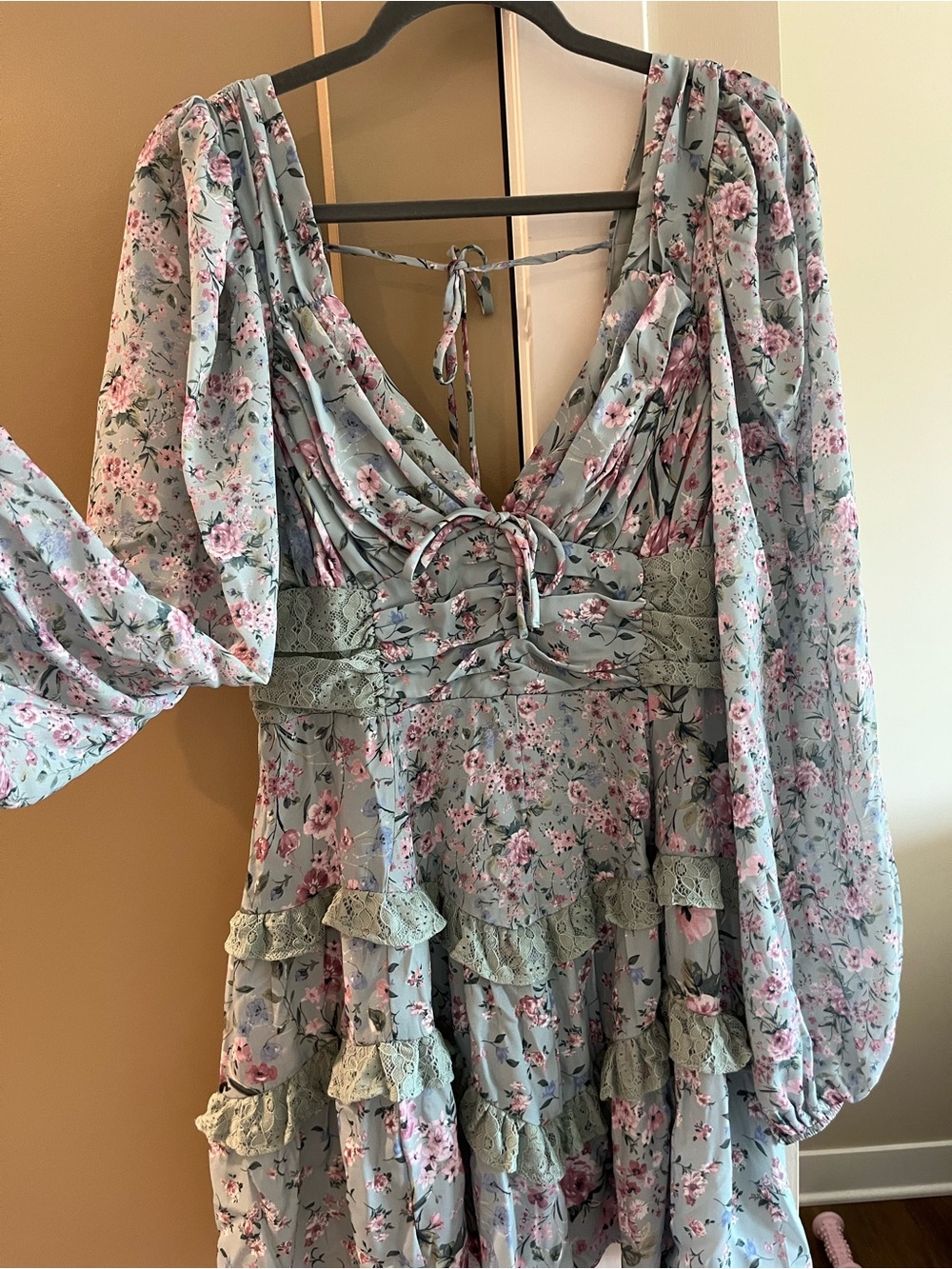 Altar'd State Dusty Blue Floral Mini Dress with Pink Accents